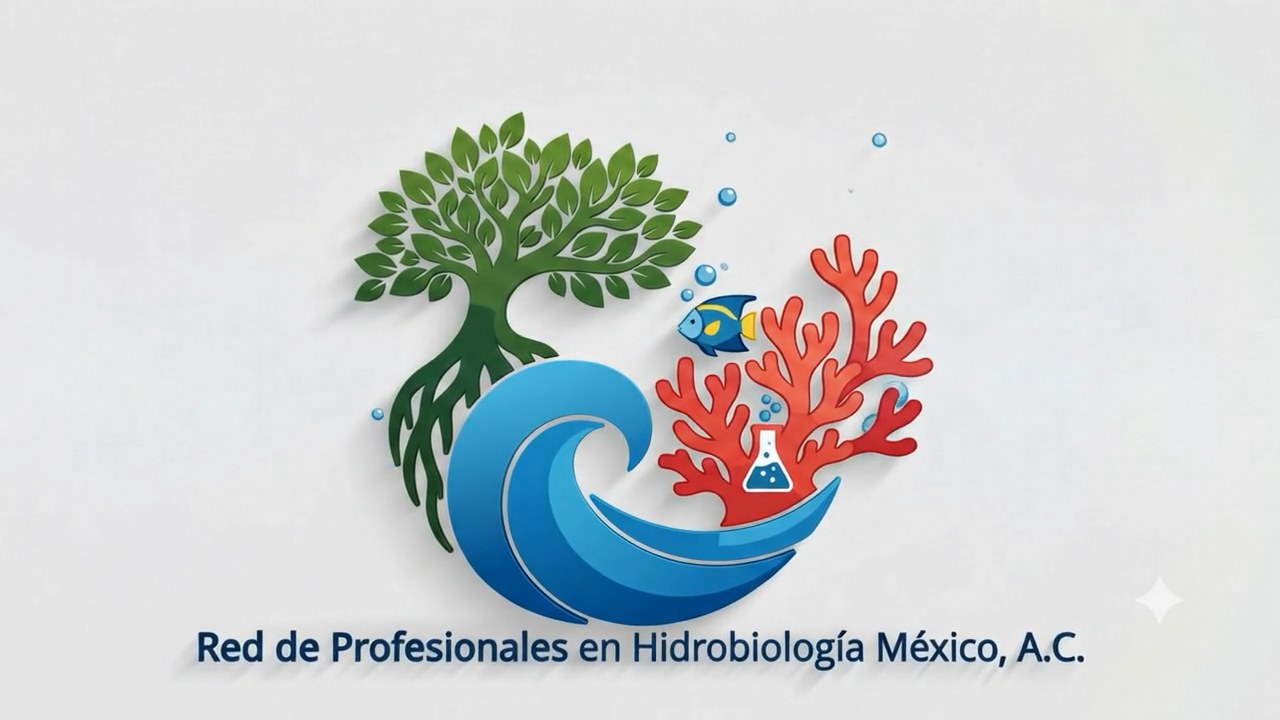 Logotipo de la Red de Profesionales en Hidrobiología México, A.C.: una ola, un manglar, un coral, un pez y un matraz de laboratorio.